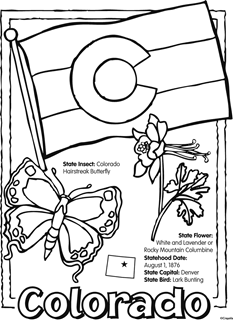 state of colorado coloring page. Colorado state flag, state insect: Colorado Hairstreak Butterfly, state flower: White and Lavender or Rocky Mountain Columbine, statehood date: August 1, 1876, state capital: Denver, state bird: Lark Bunting. Black and white image of colorado state flag, state insect and state flower. 