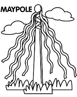 Maypole with streamers hanging off the top with grass and clouds