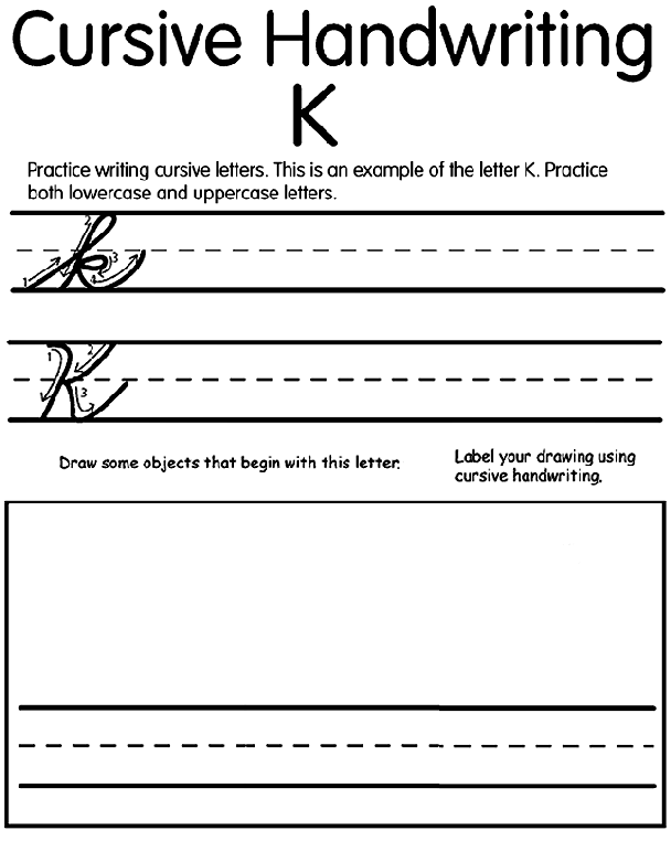 Cursive K coloring page
