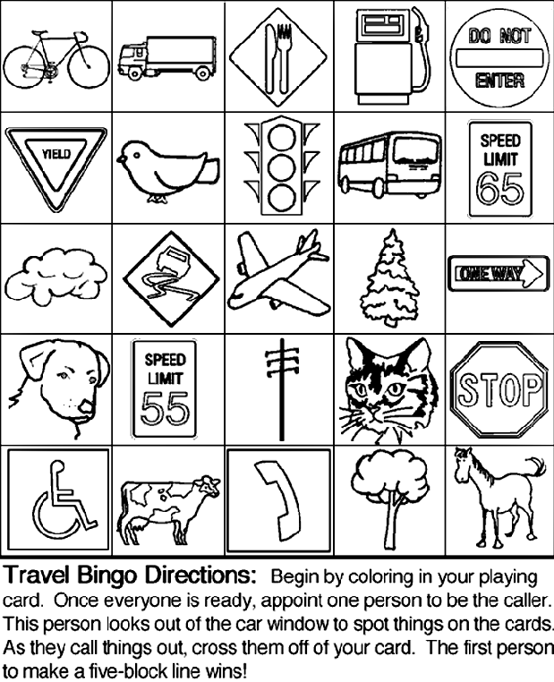 Travel Bingo Board 2 coloring page
