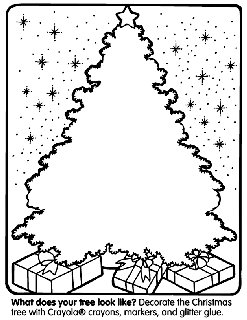 Blank Christmas tree outline with presents underneath and stars, with decorating instructions